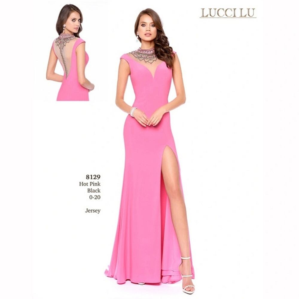 NWT Lucci Lu Bubblegum Pink Bead Embellished Collar Gown, Style # 8129, Sz 4